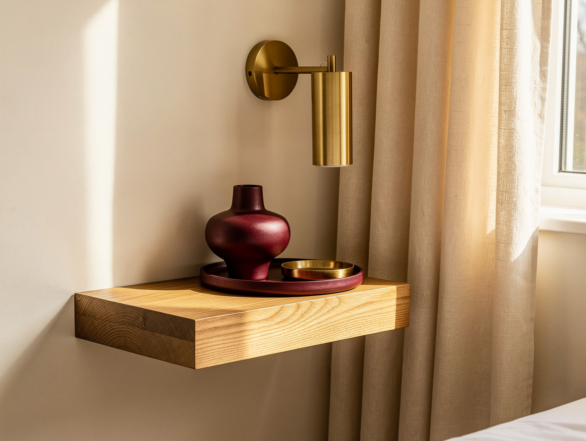 Close detail photo of a 10-inch-deep oak floating bedside shelf with brass swing