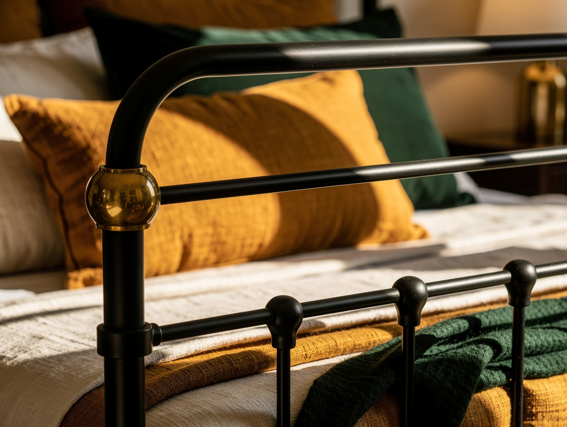 Close detail photo of matte-black iron bed rail against ivory flax bedding and a