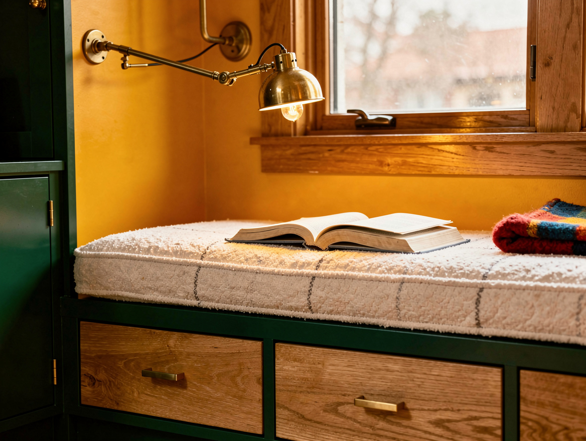 Close detail photograph of a window bench reading nook, removable cream performa
