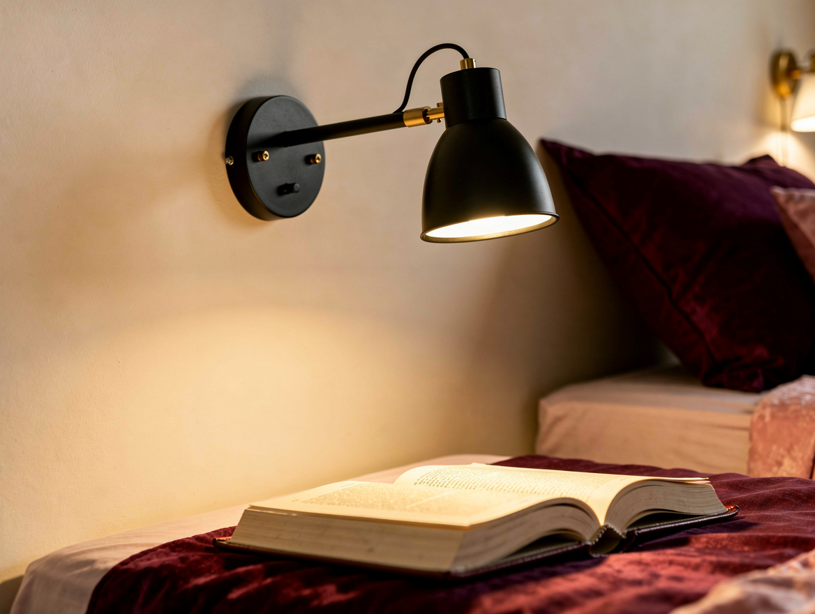 Close detail photo of a black adjustable dimmable bedside wall sconce aimed at a