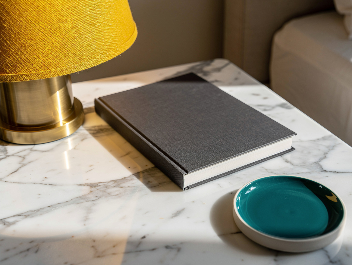 Close detail photo of a white Carrara marble bedside table surface with a linen-