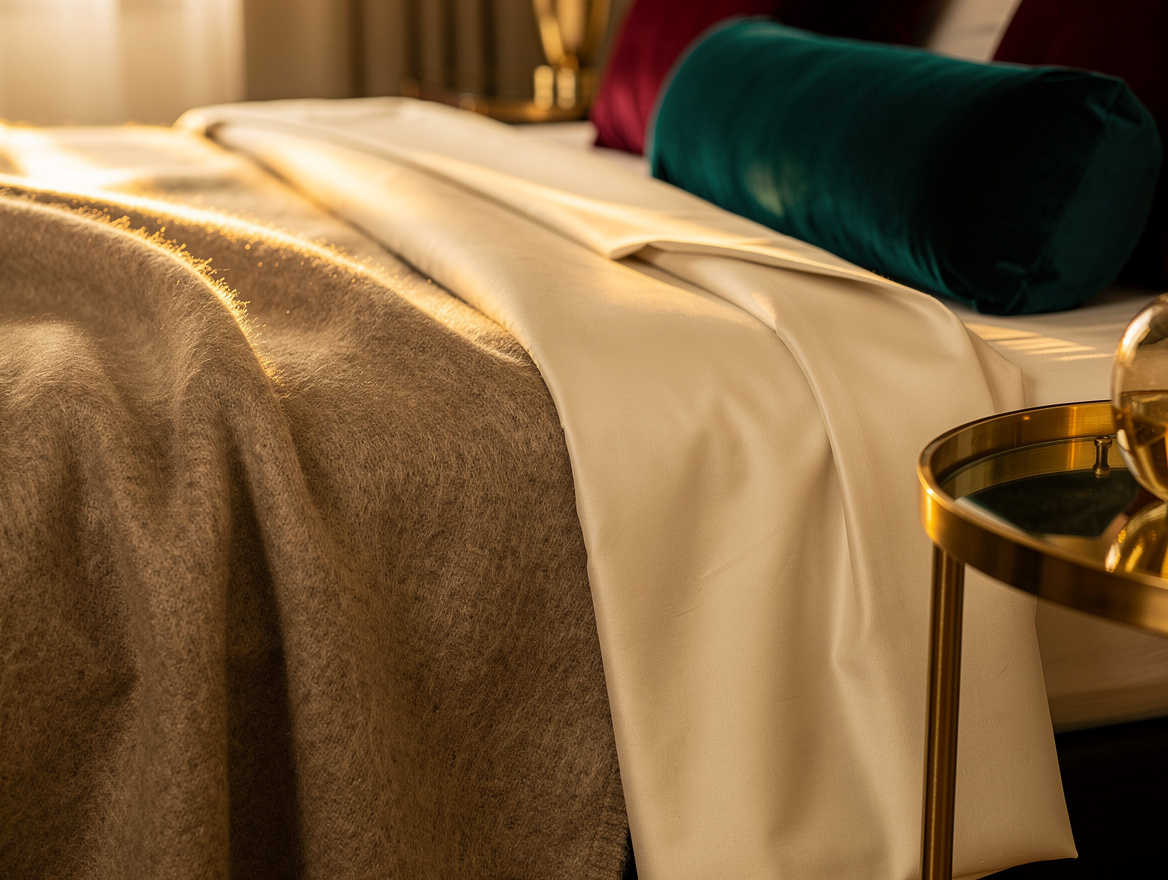 Close detail photograph of a soft taupe cashmere blanket folded over crisp warm