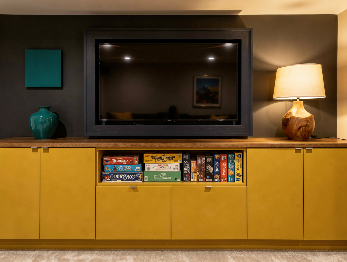 Close detail photo of a basement media wall with low closed cabinets, board-game