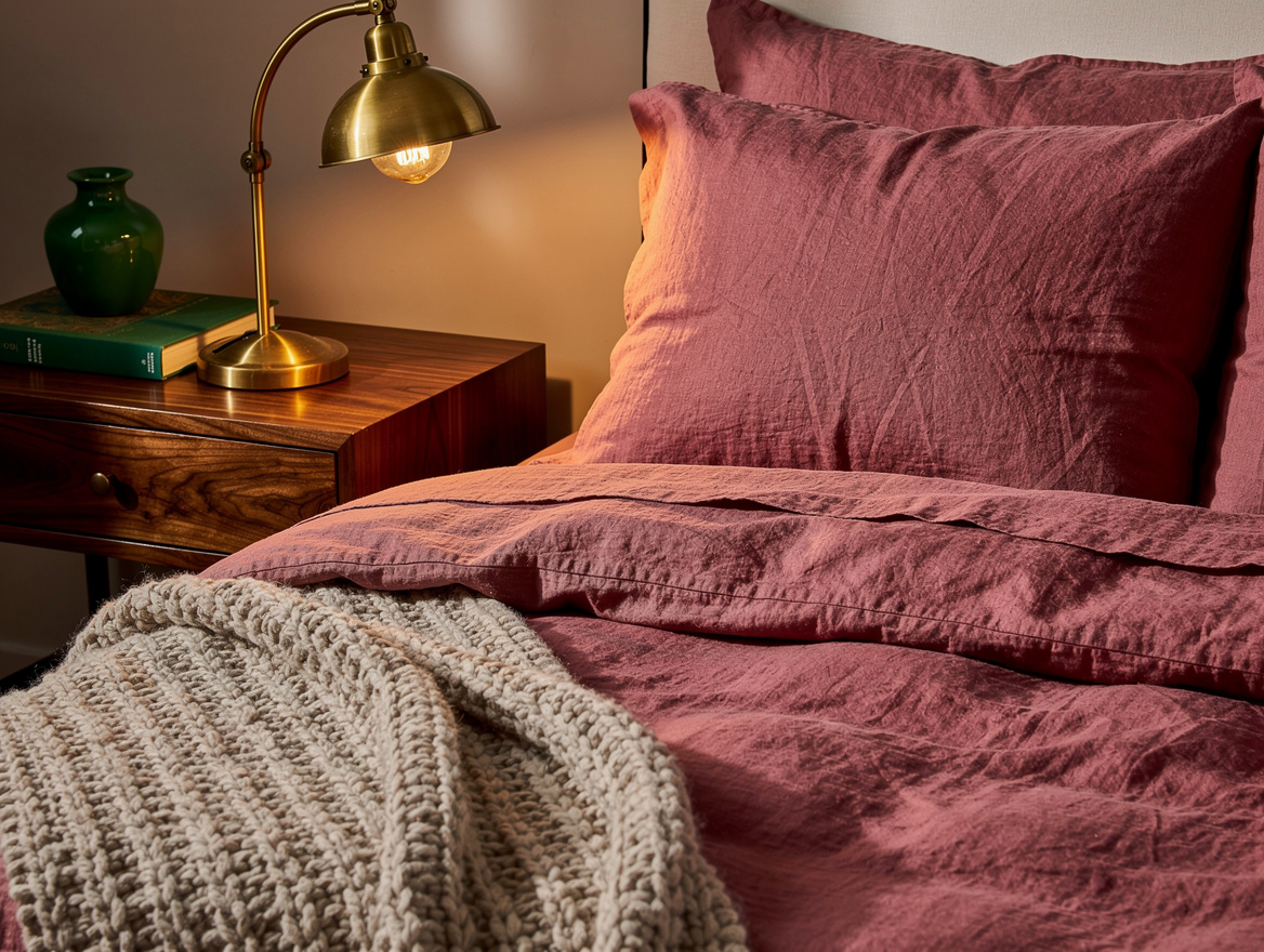 Editorial close-up photo of dusty rose linen bedding layered with an oatmeal kni