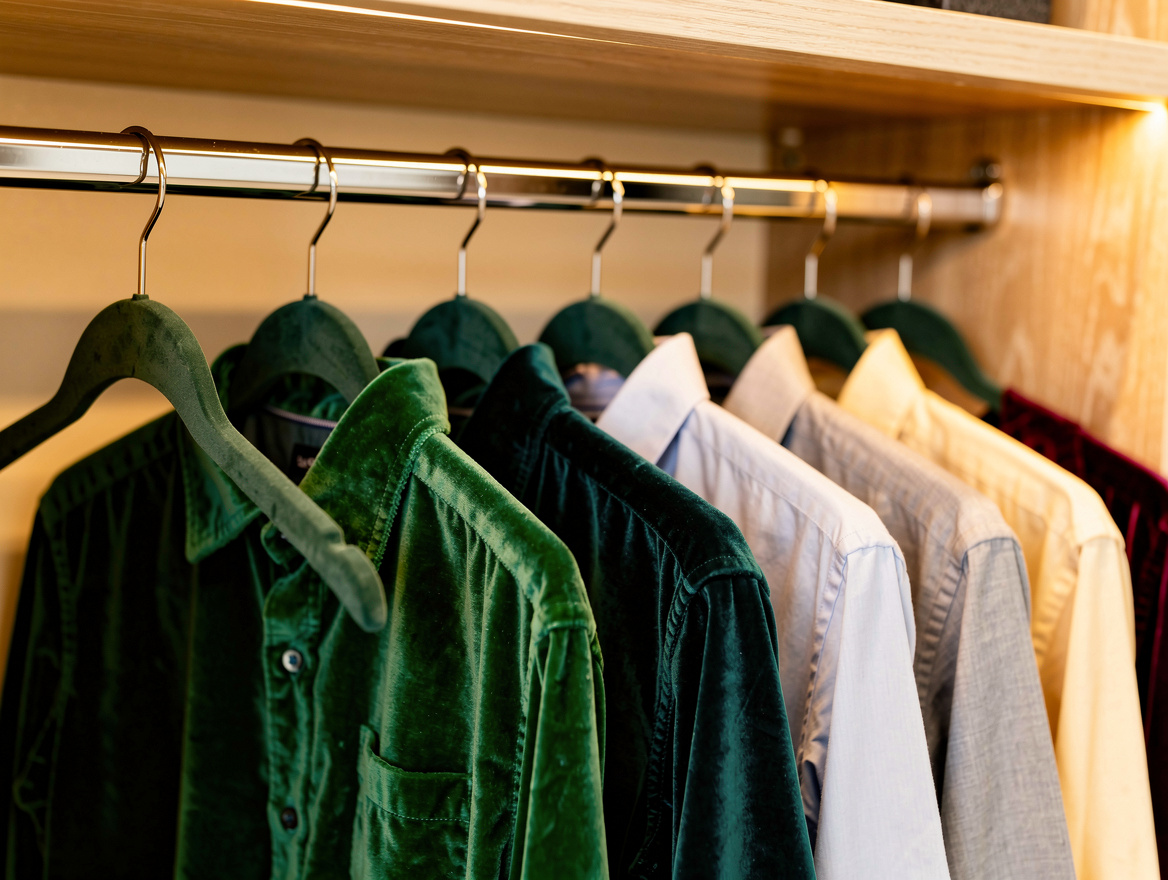 Close detail photo of slim velvet hangers holding organized shirts in a reach-in