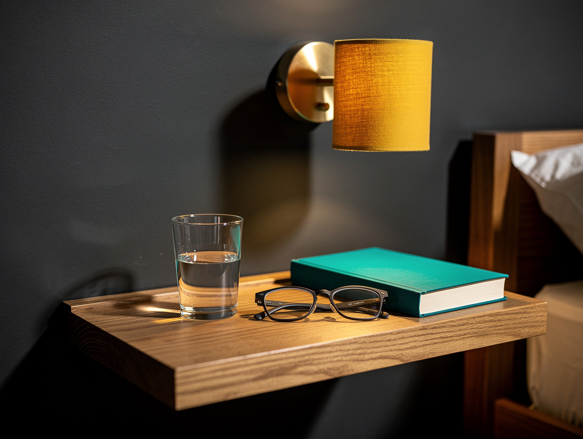 Close detail photo of a solid oak floating bedside shelf holding a book, water g