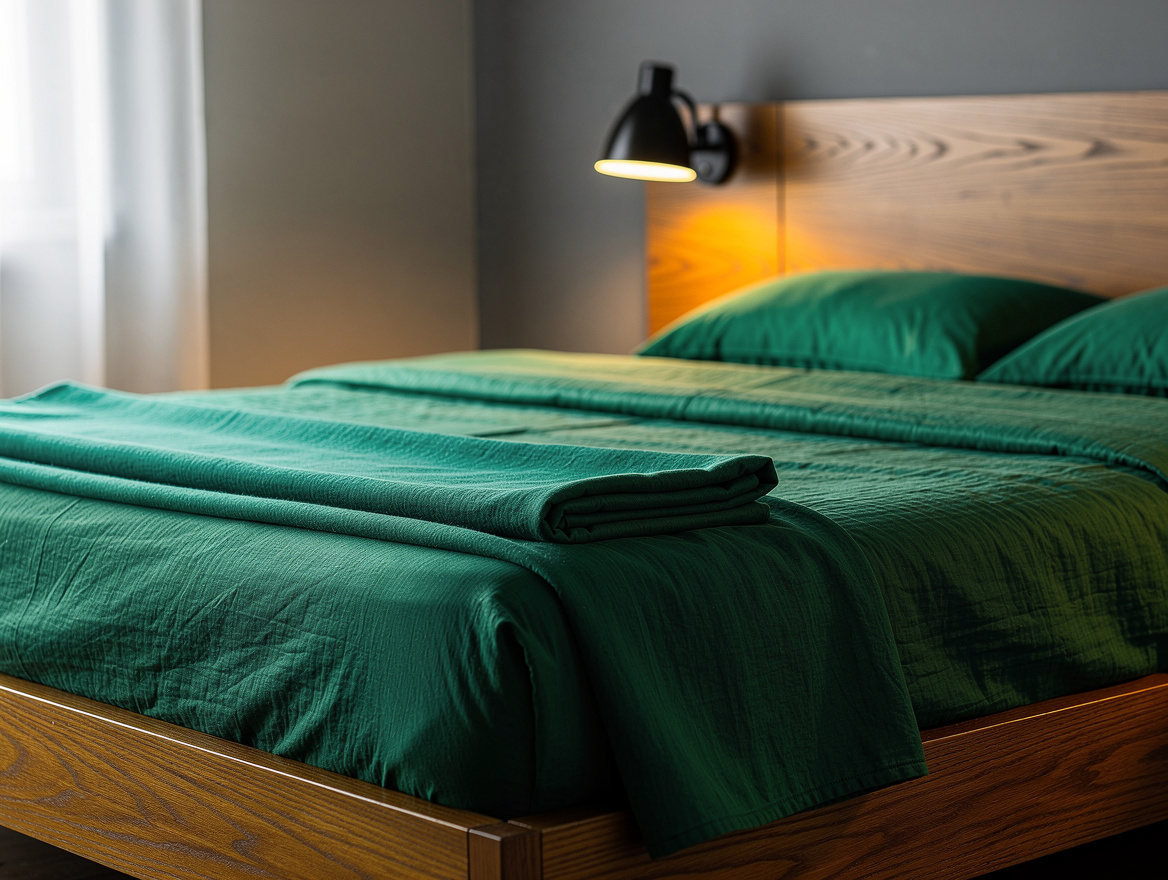 Close detail of a full-size guest bed with a washable cotton quilt, neatly folde