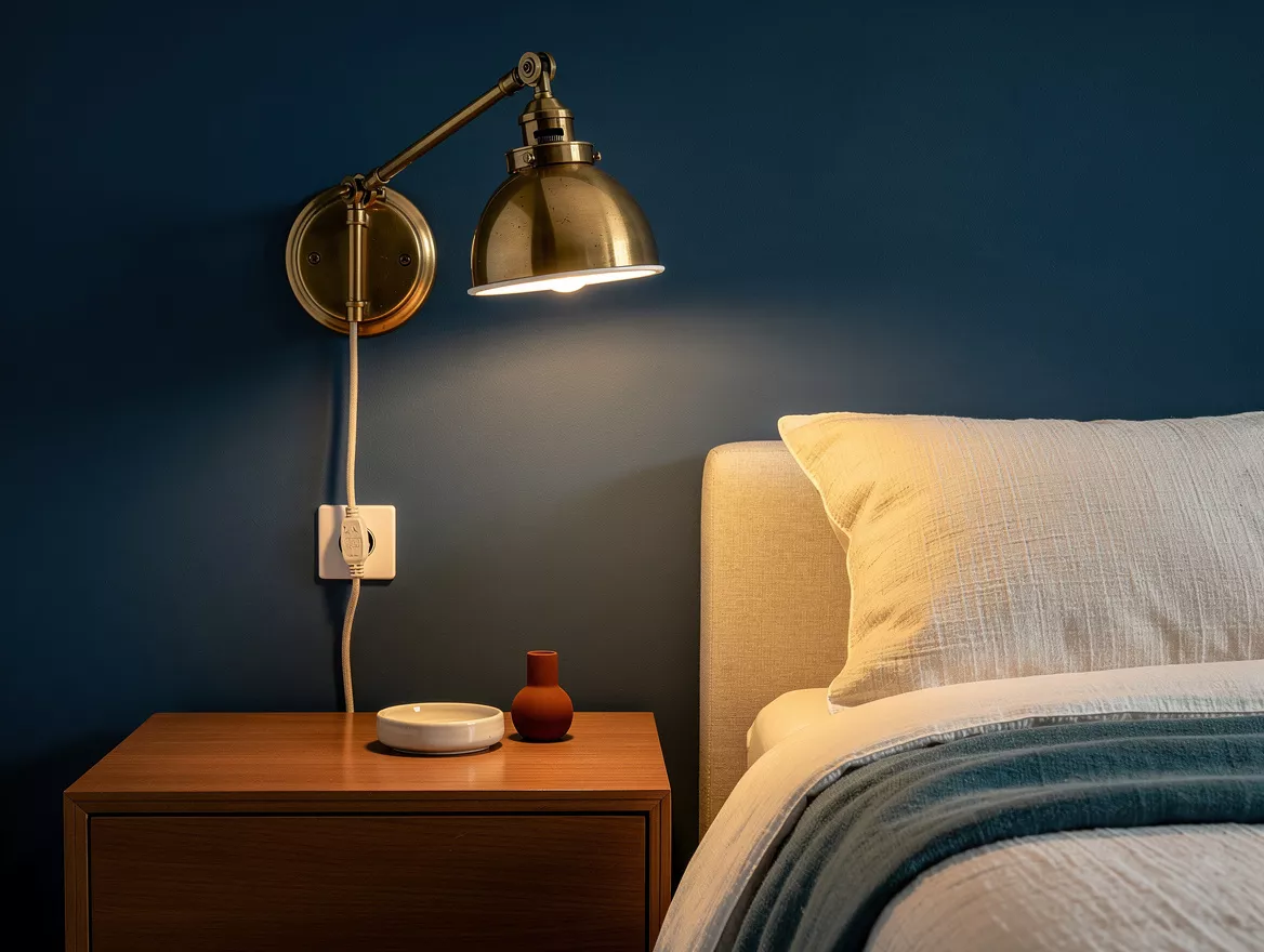 Close detail of an antique brass plug-in swing-arm bedroom sconce over a nightst