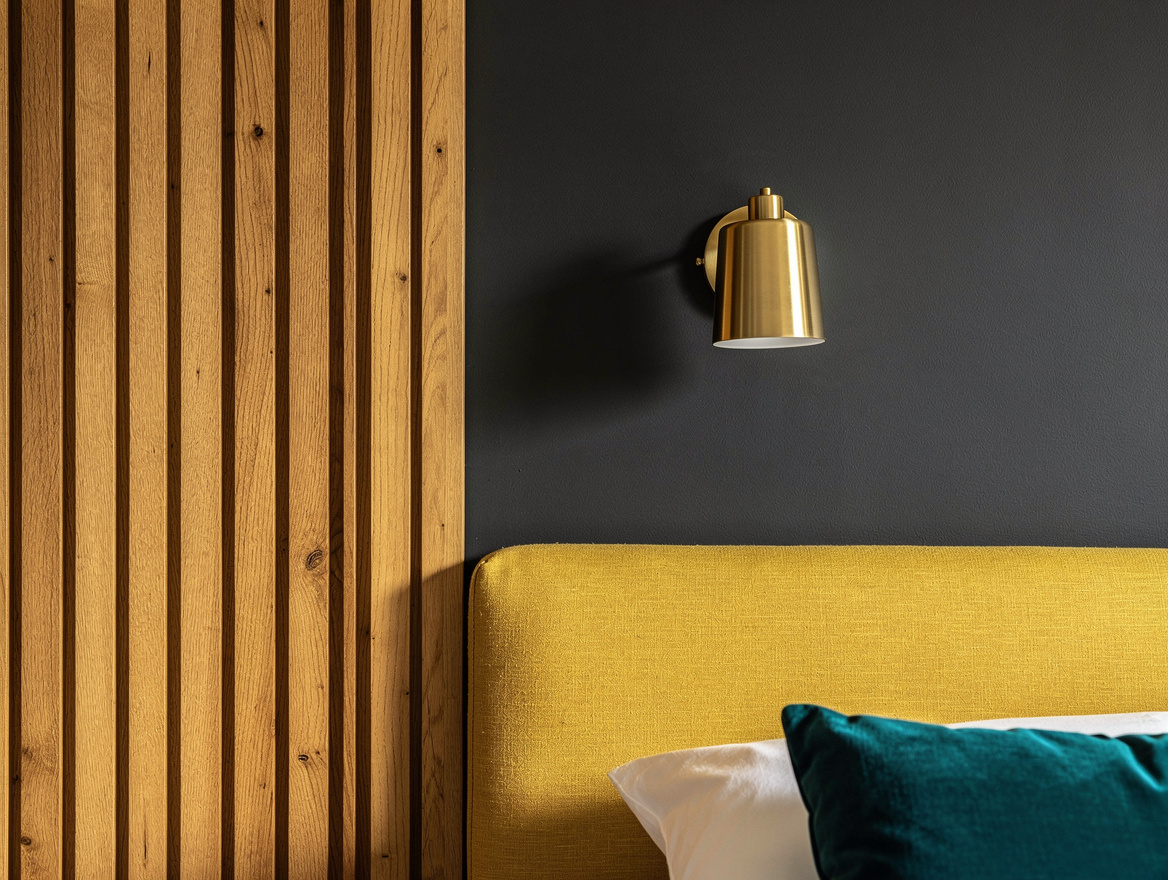 Close detail editorial photo of oak-finish MDF slat panels meeting a charcoal pa