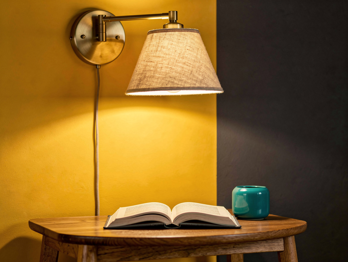 Close detail of a brass adjustable wall sconce casting focused light onto an ope