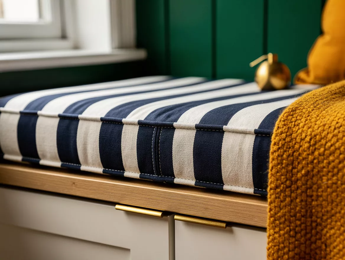 Close detail photo of a durable navy striped banquette cushion, light oak trim,
