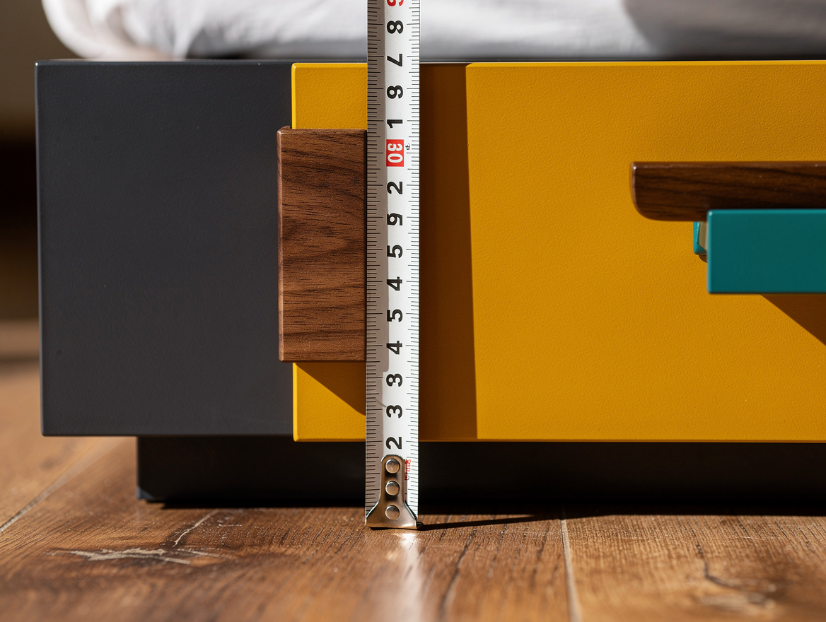 Close detail photo of a tape measure showing a shallow dresser depth beside a wa