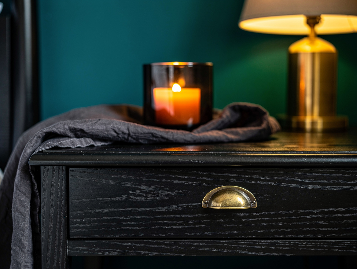 Editorial close-up photo of black-stained wood bedside table with antique brass