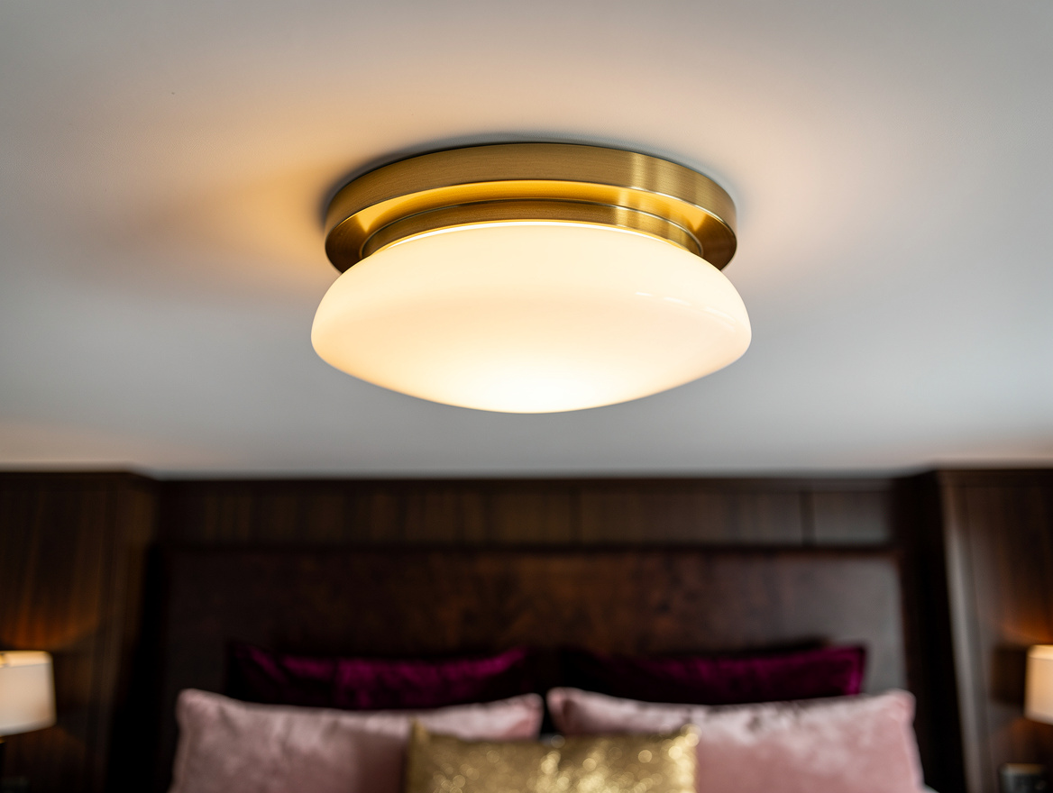 Close detail photo of a warm brass and opal glass flush mount on a matte white b