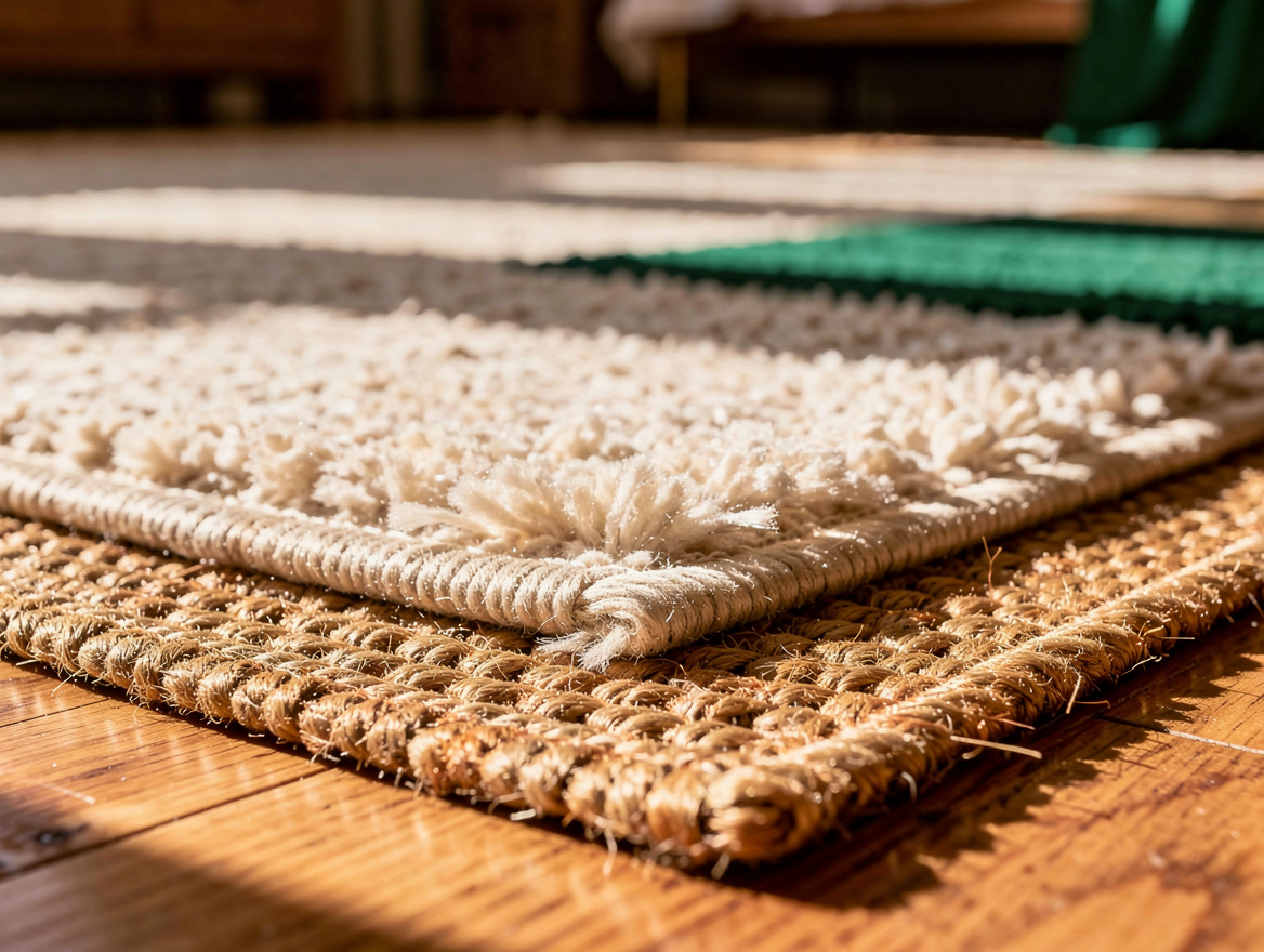 Close detail photo of layered bedroom rugs, natural jute flatweave beneath a cre