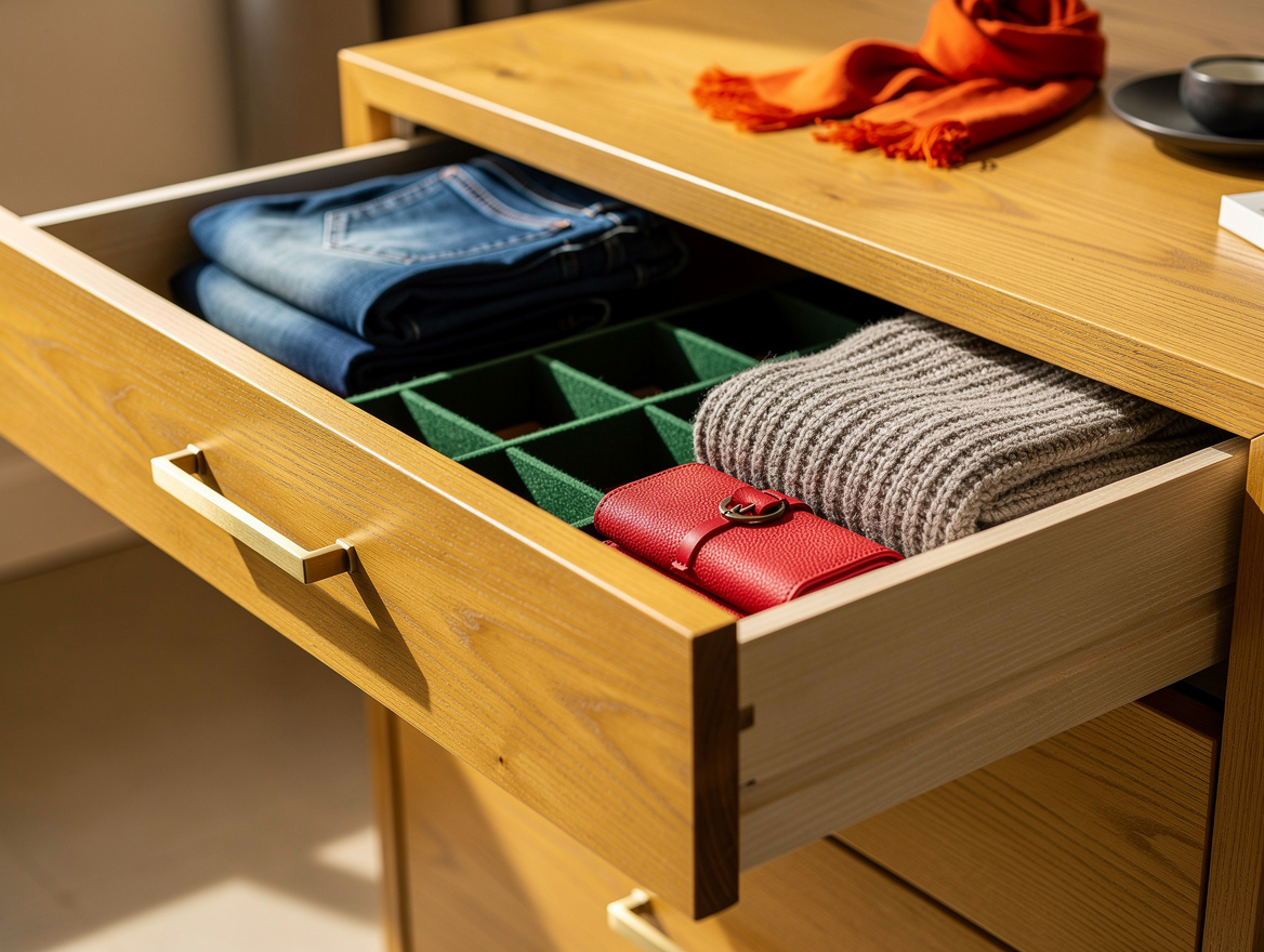 Close detail photo of an open white oak closet-island drawer holding neatly fold