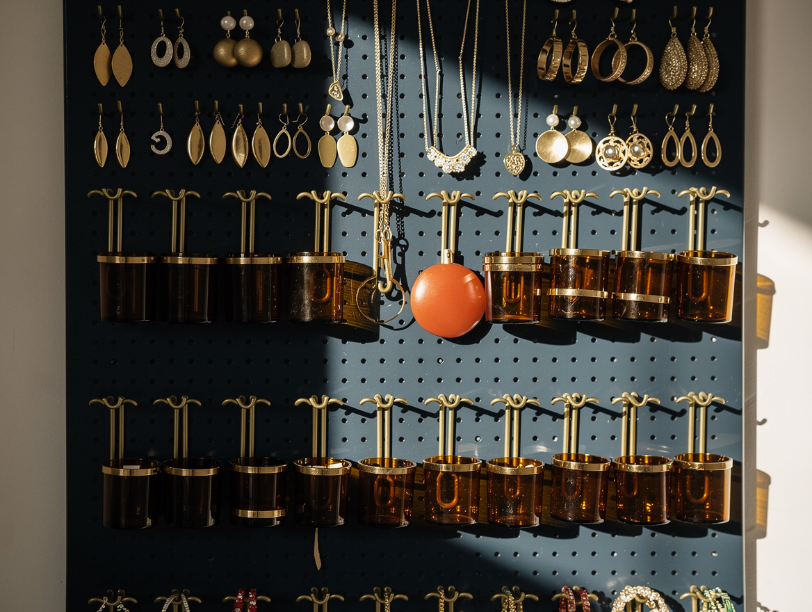 Close detail photo of a black bedroom pegboard with brass S-hooks, amber glass c