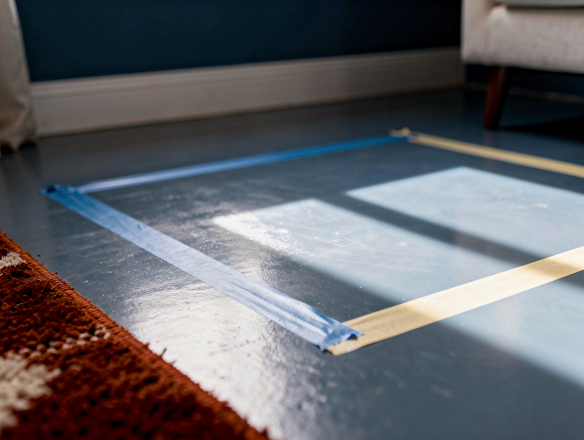 Close detail photograph of painter's tape outlining a shallow desk and dresser f