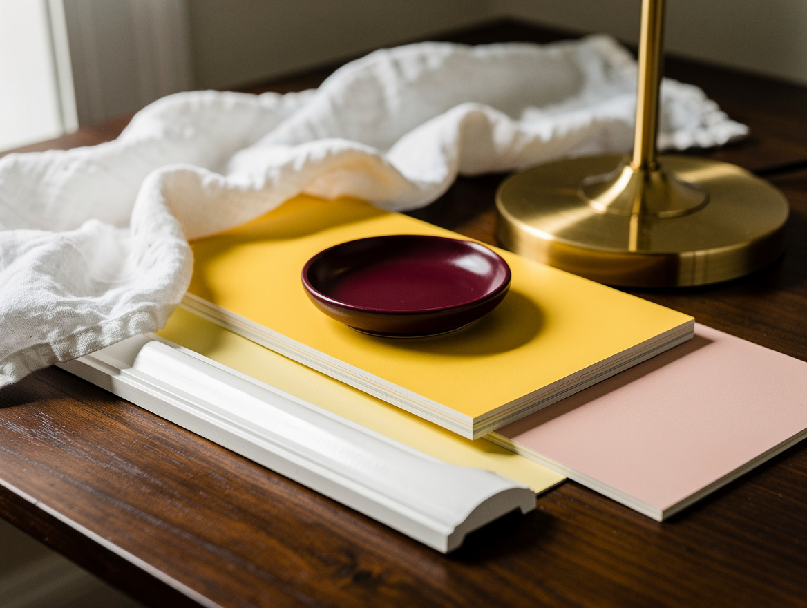 Close detail photograph of butter yellow paint sample boards beside warm white t