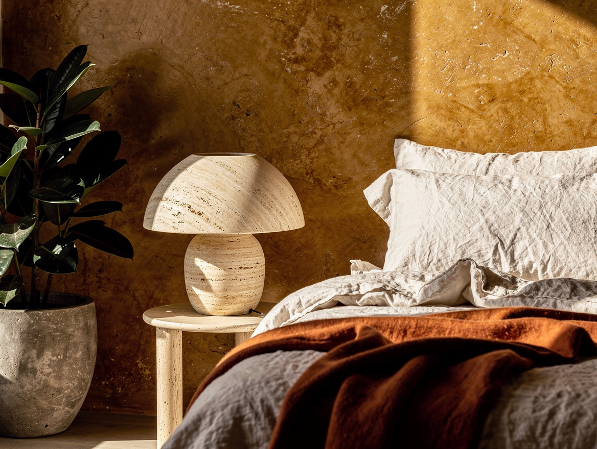 Close detail editorial photo of a matte warm limestone plaster wall beside off-w
