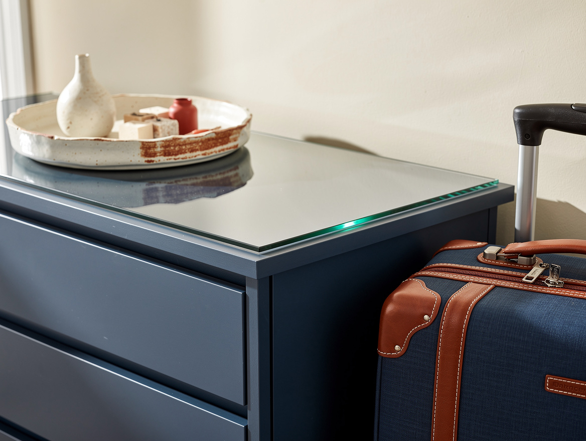 Close detail photo of a protected dresser top with a glass panel, ceramic tray,