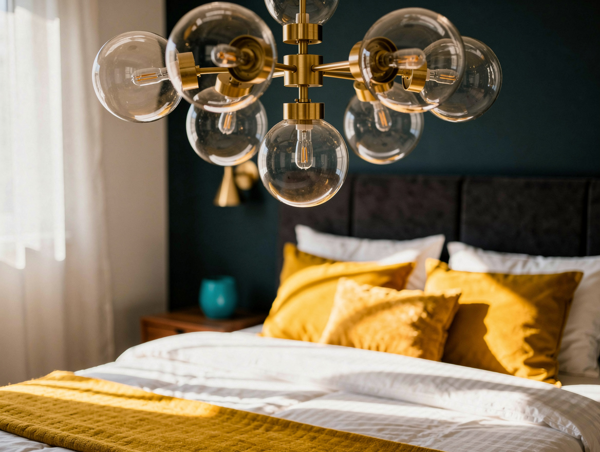Close detail of an airy brass chandelier with clear glass globes above a neatly
