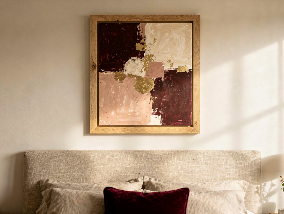 Editorial close detail of an oak float frame holding a warm neutral abstract abo