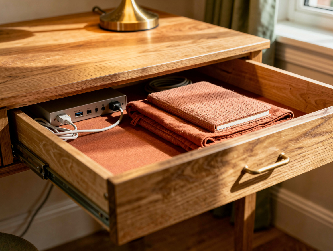 Editorial close detail of a tidy oak desk drawer with cable box, brass lamp, not
