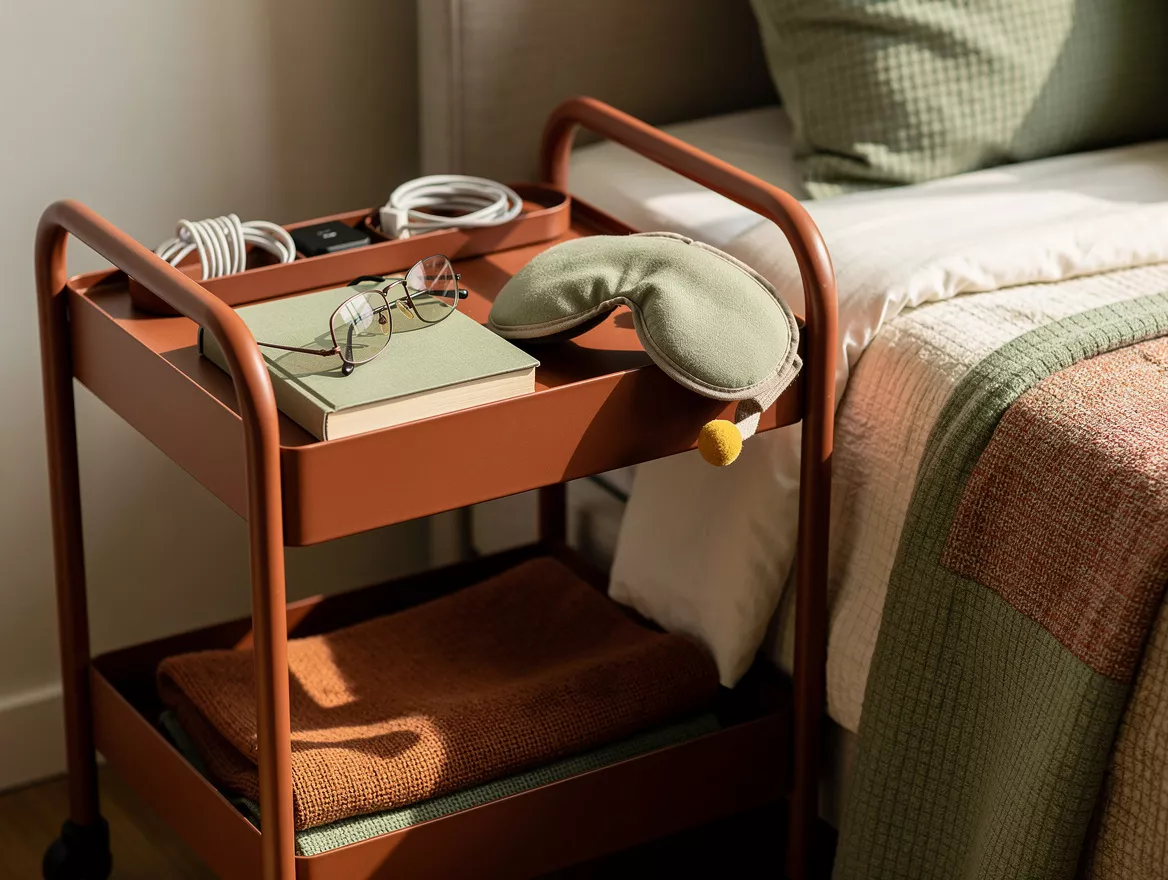 Close detail photo of a narrow powder-coated steel rolling cart beside a bed, ch