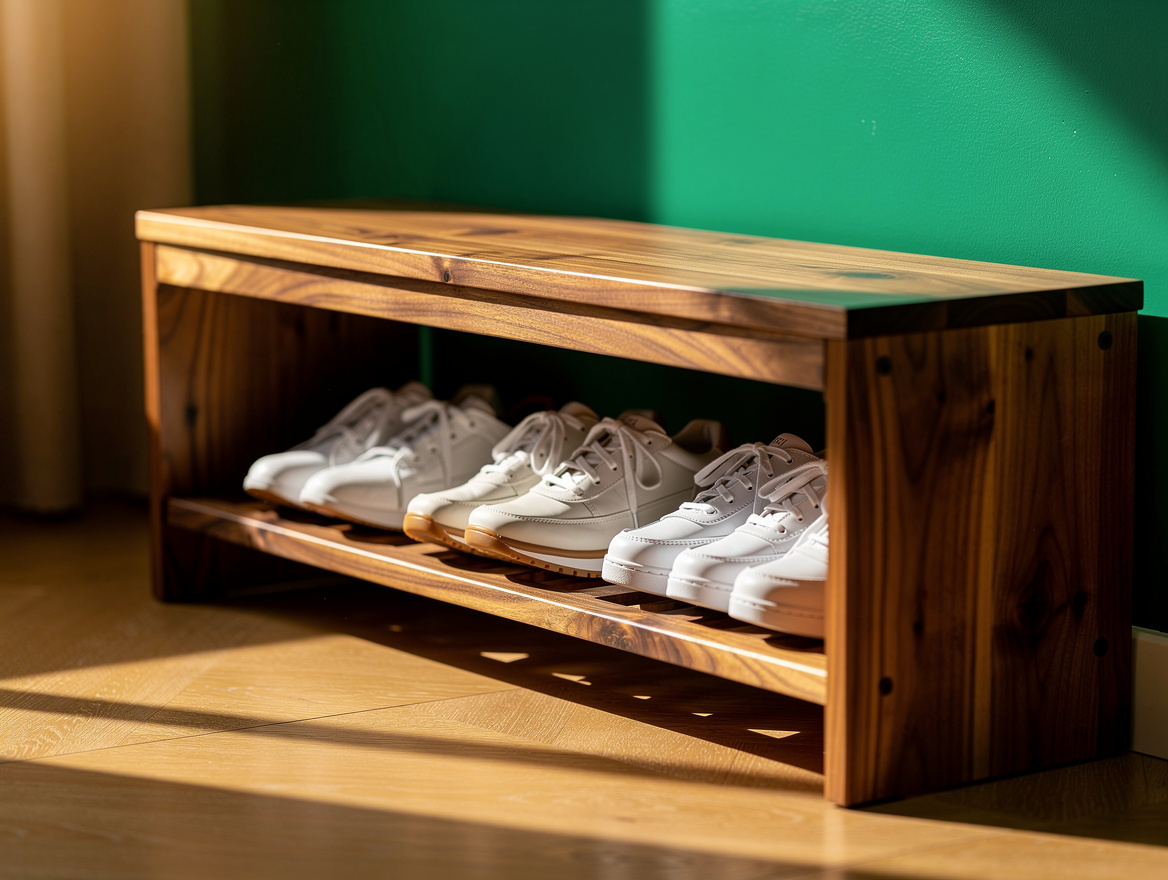 Close detail photo of a solid wood shoe-storage bench with neatly spaced sneaker