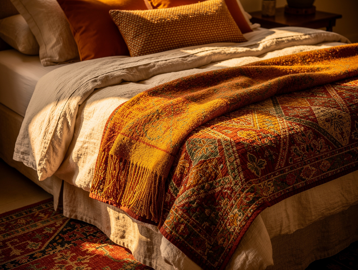 Close detail editorial photo of layered washed linen, block-print cotton quilt,