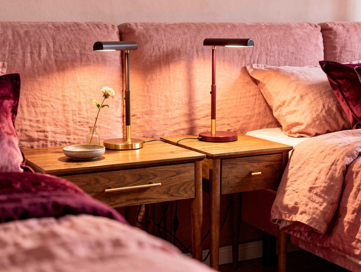 Close detail photo of two separate wooden nightstands with dimmable reading lamp
