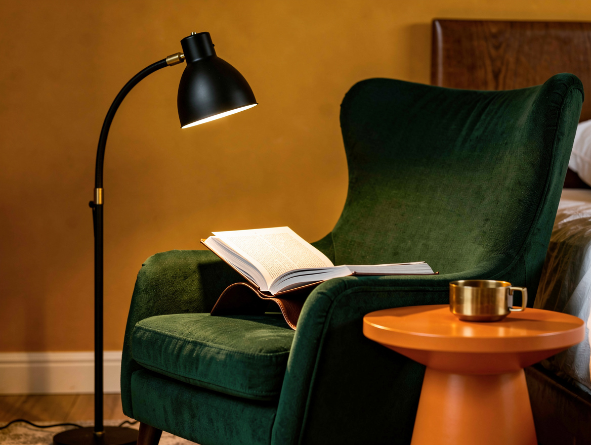 Close detail photo of a dimmable matte black gooseneck floor lamp behind a bedro
