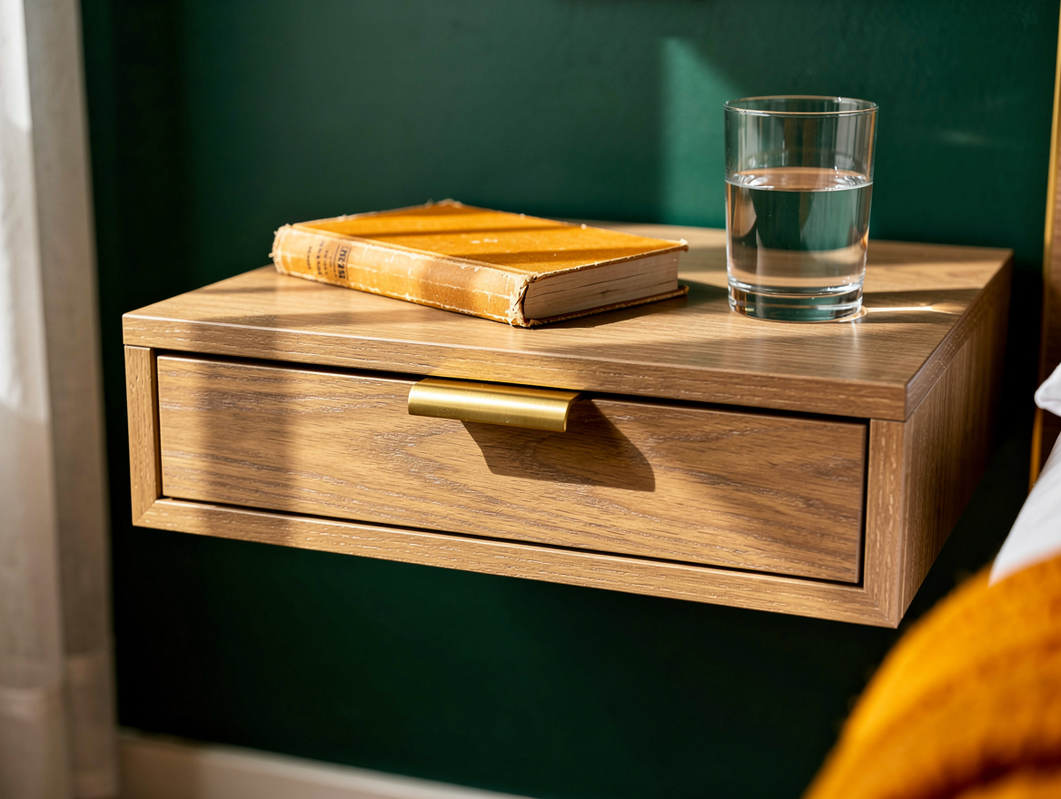 Close detail photo of a floating oak nightstand drawer with a brass pull, paperb