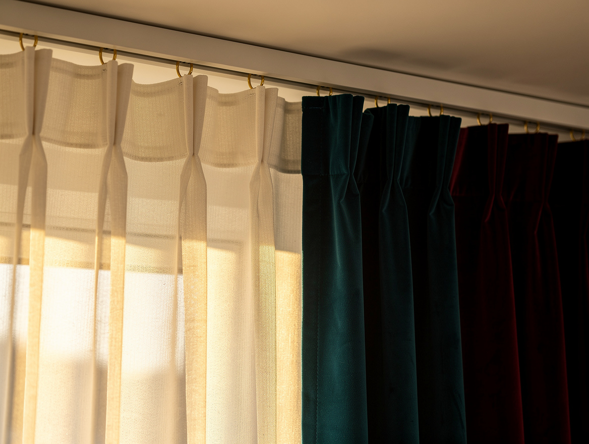Editorial close detail photograph of uniform ripple-fold curtain fabric on a sli