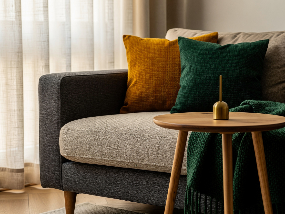 Close detail of a compact dark gray-beige loveseat beside a tiny wood drink tabl