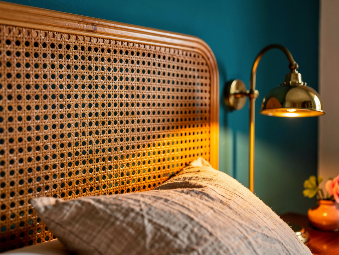 Close detail photograph of honey rattan cane texture against a soft teal bedroom