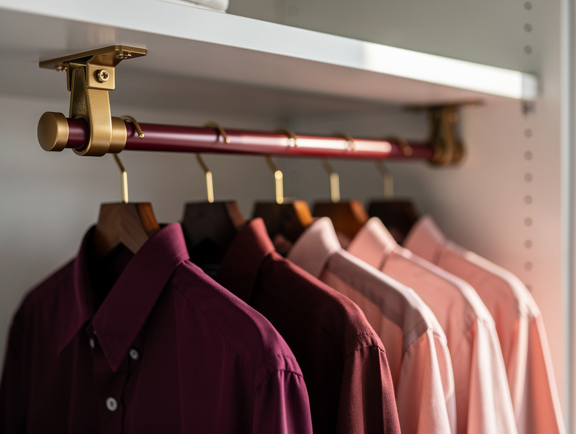 Close detail photograph of a powder-coated steel drop-down closet rod attached b