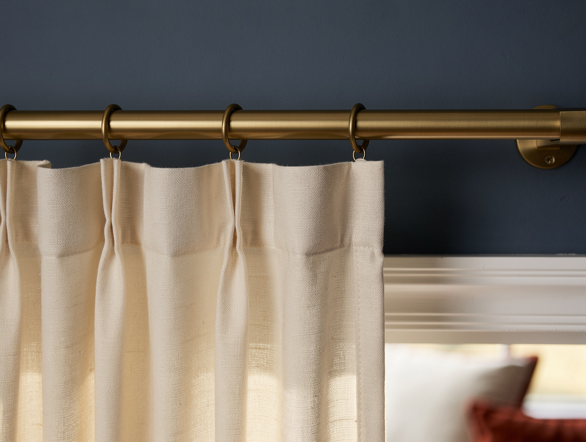 Close detail photograph of a slim brass curtain rod mounted several inches above