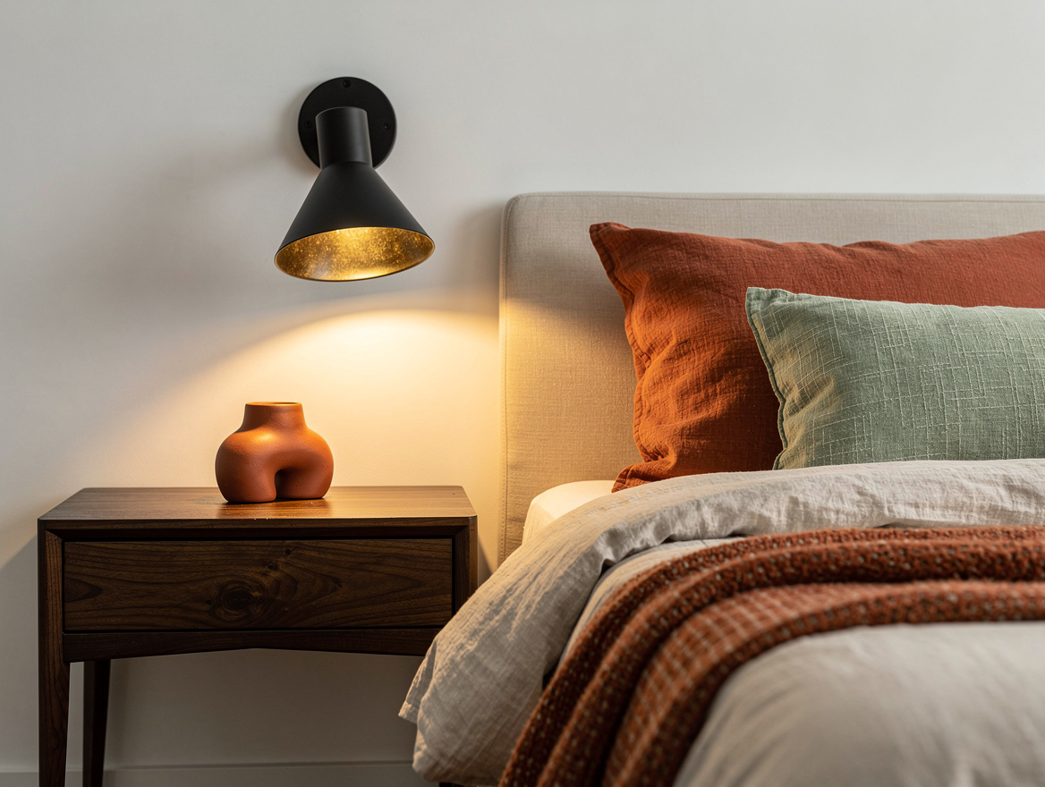 Close detail photograph of a black metal bedside sconce with aged brass interior
