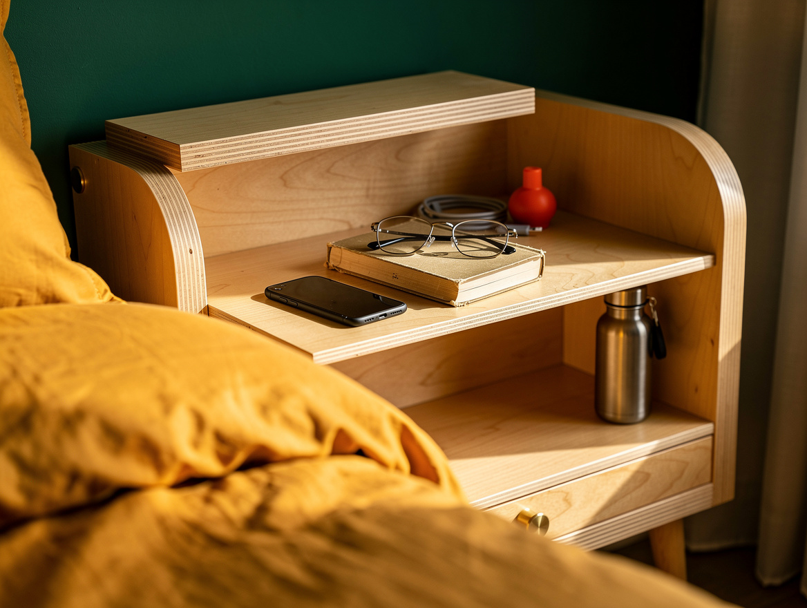 Editorial close detail of a shallow birch plywood headboard cubby holding a phon