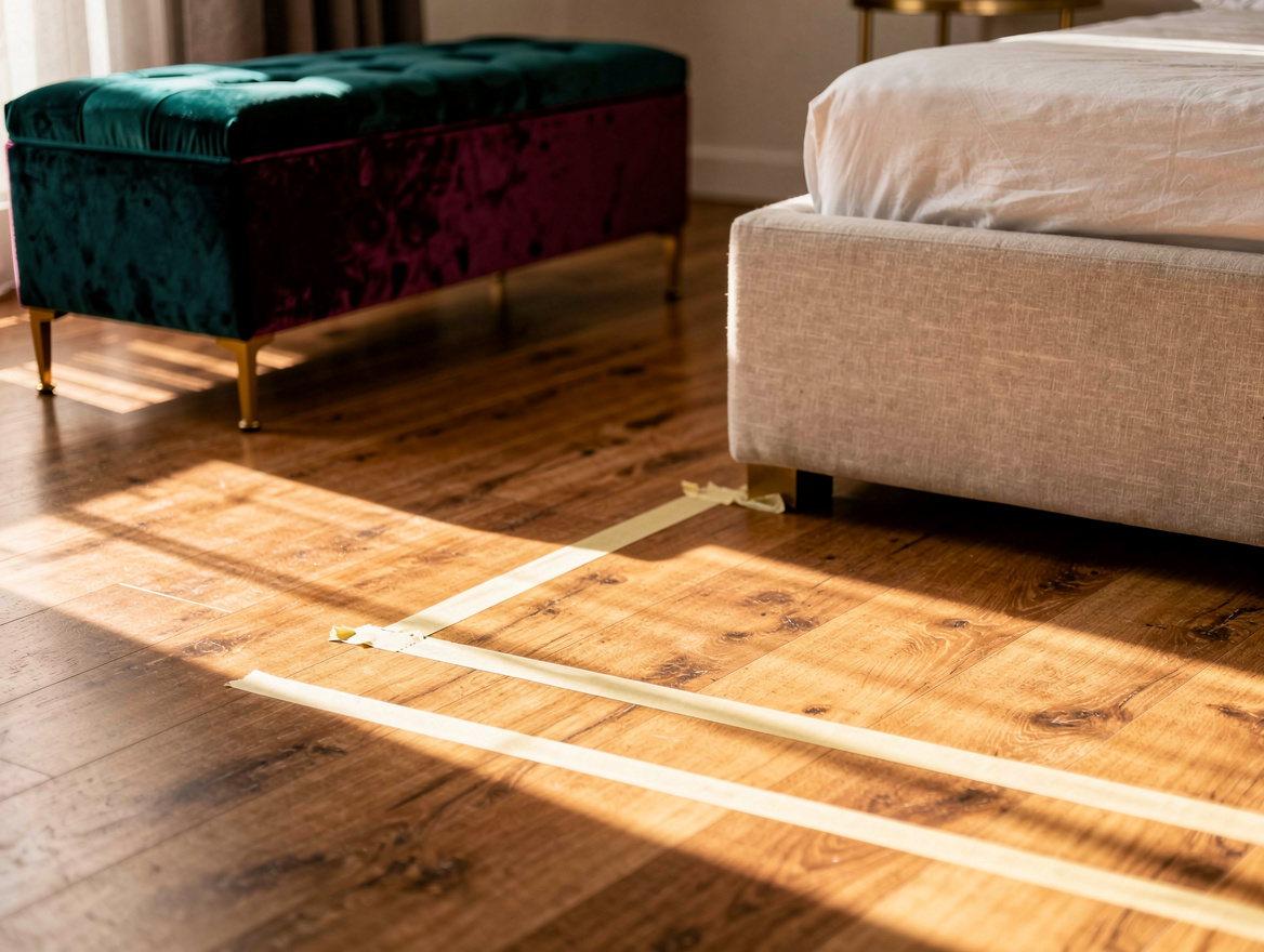 Editorial home-decor detail photo of painter's tape outlining a king bed footpri