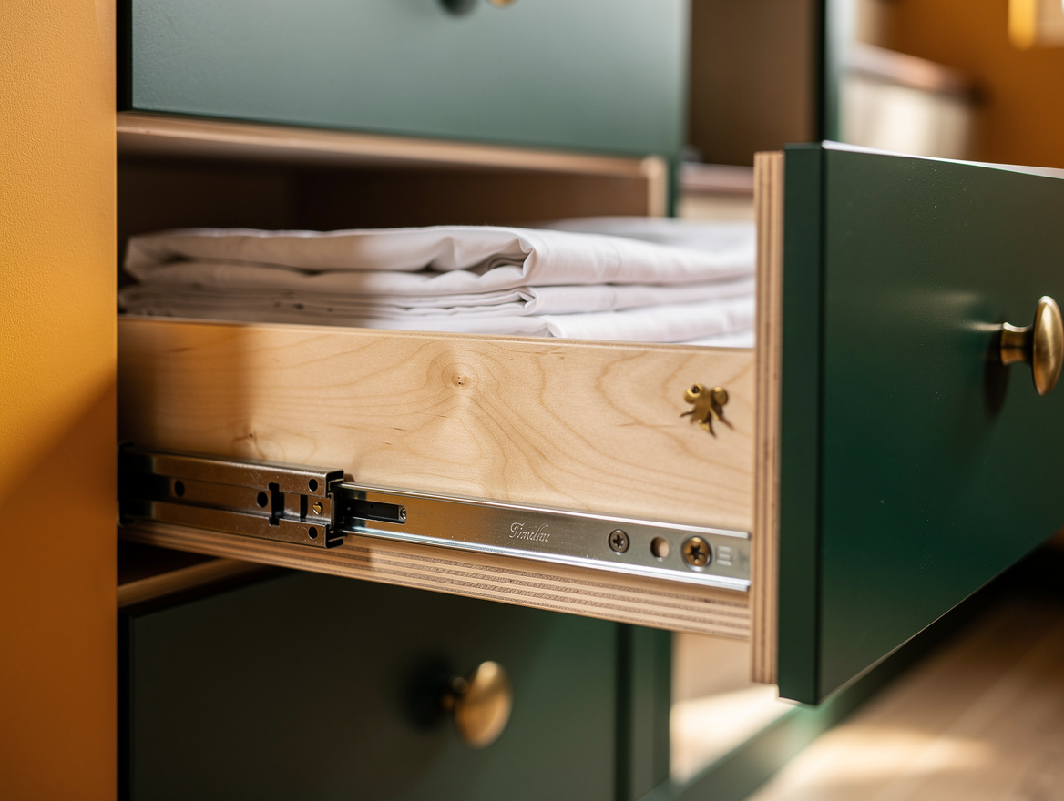 close-up detail of a full-extension soft-close drawer slide on a birch plywood d