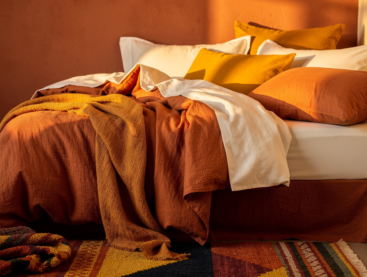 close-up detail photo of terracotta linen bedding layered over ivory percale she