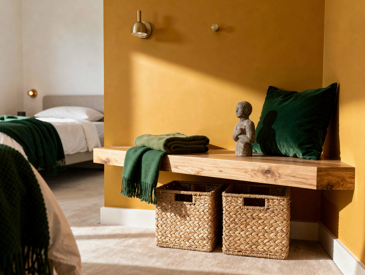 medium shot of a wall-mounted floating oak bench along a narrow bedroom wall wit