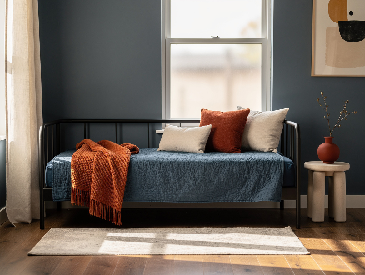 Medium-angle editorial photo of a small bedroom with a slim twin daybed beneath