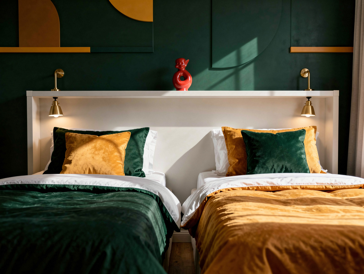 Realistic medium shot of two twin beds with a slim matte white bridge shelf and