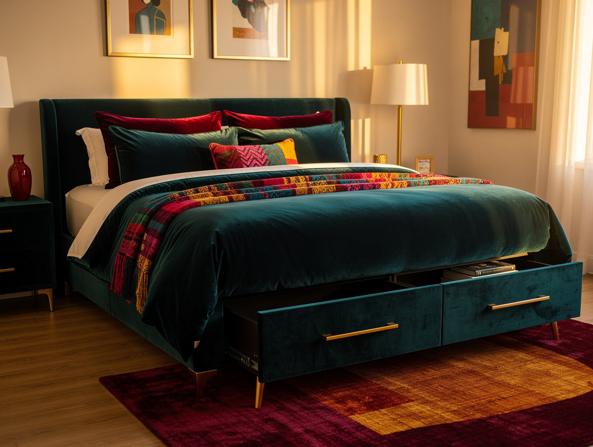 Realistic medium-wide photo of a compact bedroom where an oversized king bed cro