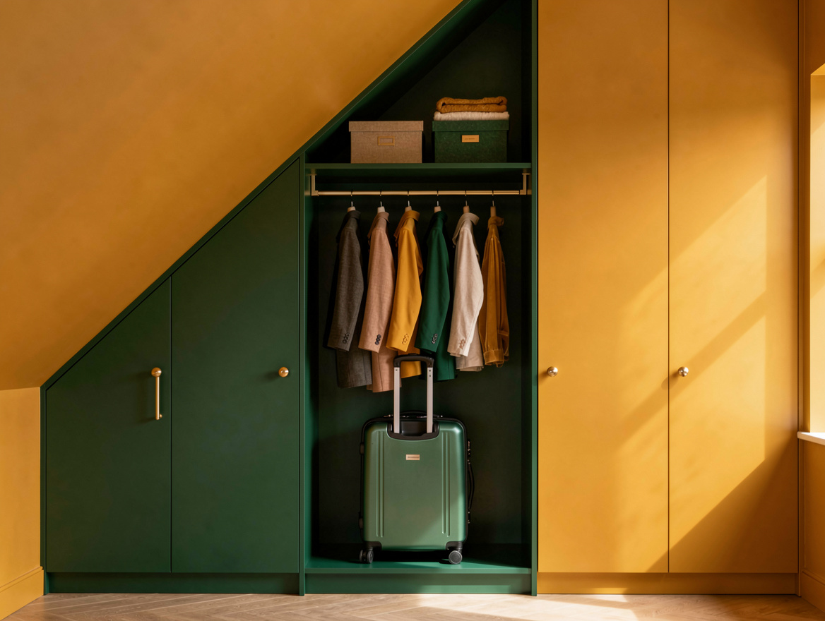 medium shot of a tall under-stair wardrobe zone with hanging clothes, a roller s