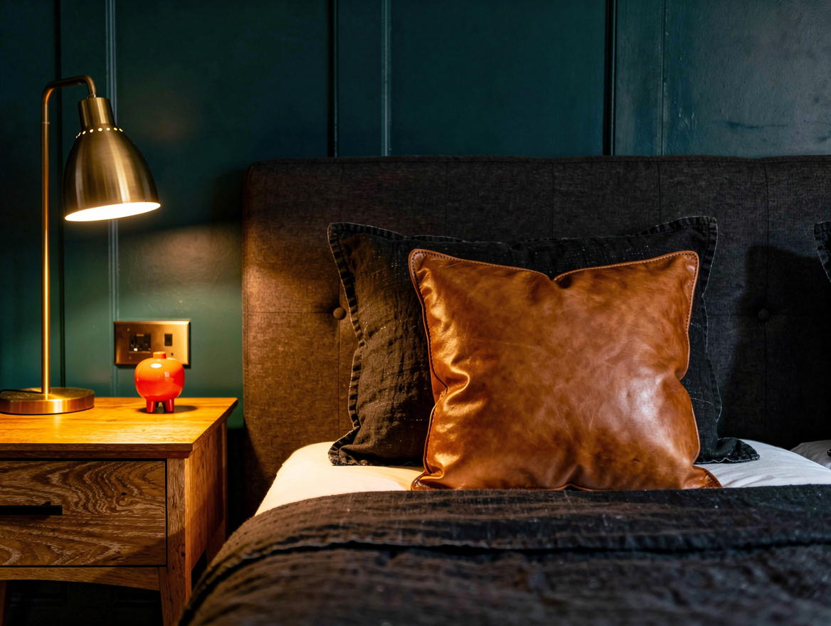Medium shot of a cozy bedroom with a charcoal upholstered headboard, caramel lea